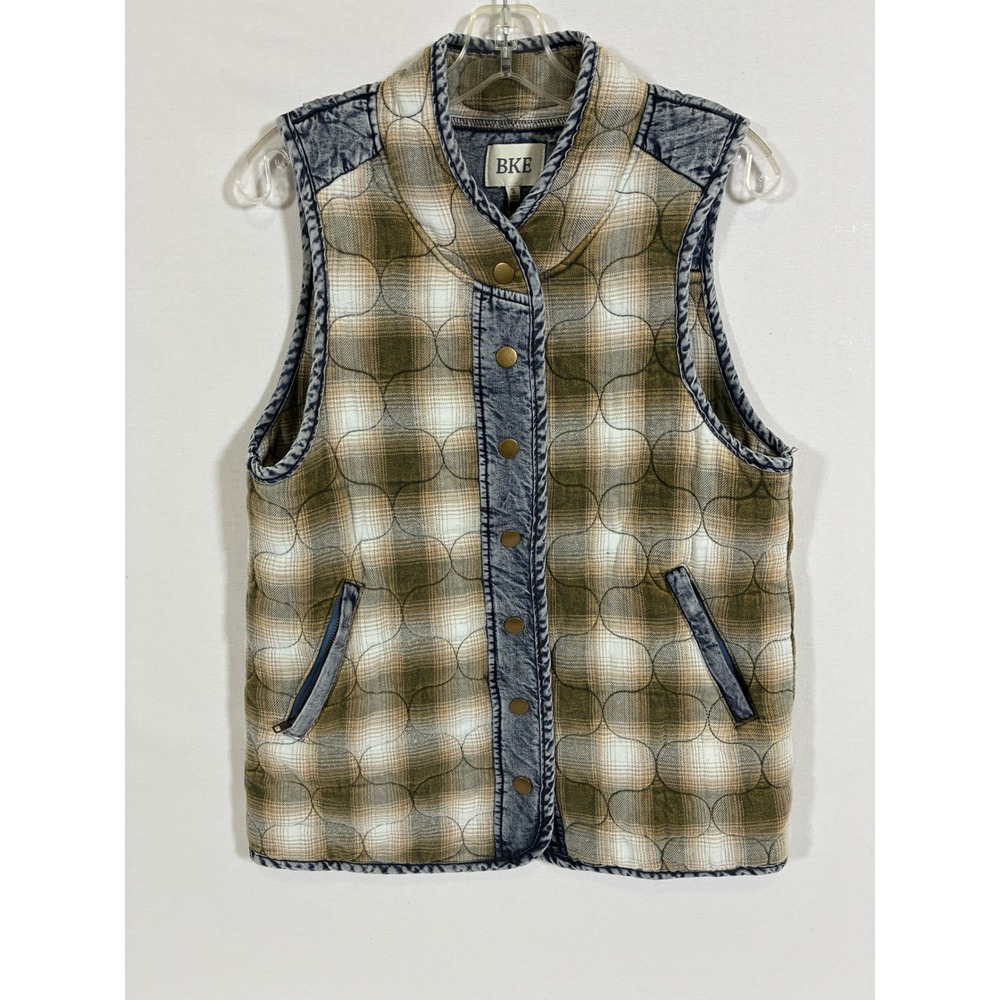 BKE Womens S Vetiver Green Plaid Quilted Denim Trim Snap Vest BJ1013BK